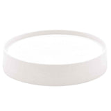 A round, shallow, white dish with a wide rim and flat base, photographed against a plain white background. The minimalist design features smooth lines and is dishwasher safe for easy cleaning.