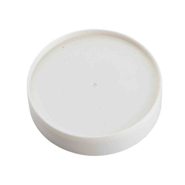 A round, flat, white plastic PourMaster Replacement Cap with a smooth surface and slightly raised edge, shown from above on a plain white background. This lid is also dishwasher safe for easy cleaning.