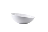 A plain, white Sierra Grande Collection melamine bowl is shown against a white background. The 11 qt. bowl features smooth, curved sides and a glossy finish. Empty and angled, its rim highlights the clean and simple design.