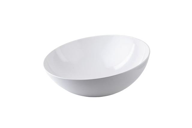 A plain, white, round melamine bowl from the Sierra Grande Collection is shown on a white background. The 1.5 qt. bowl has smooth, curved sides and a glossy surface, appearing empty and viewed at an angle to reveal its depth.