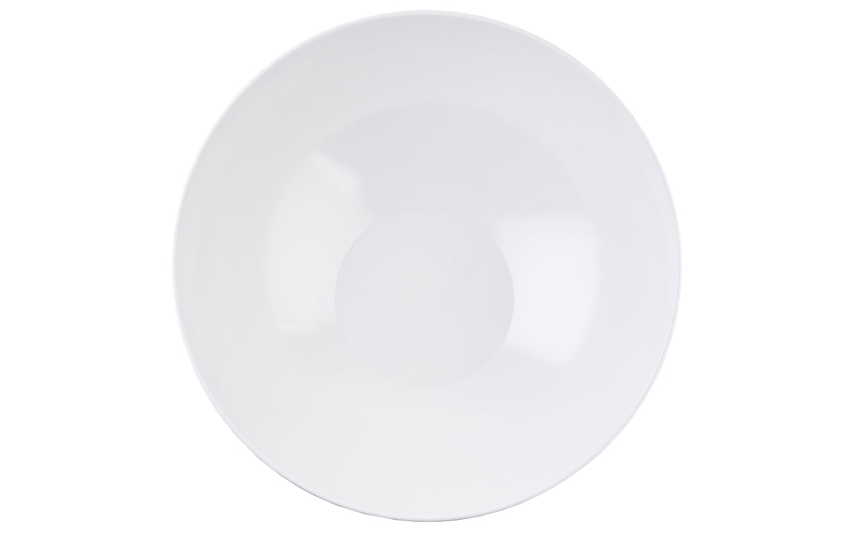 A plain, empty white melamine bowl from the Sierra Grande Collection is viewed from above on a white background. The lighting creates soft reflections on its smooth surface, emphasizing its clean, round shape and minimalist design.