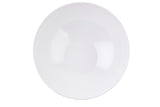 A plain, empty white melamine bowl from the Sierra Grande Collection is viewed from above on a white background. The lighting creates soft reflections on its smooth surface, emphasizing its clean, round shape and minimalist design.