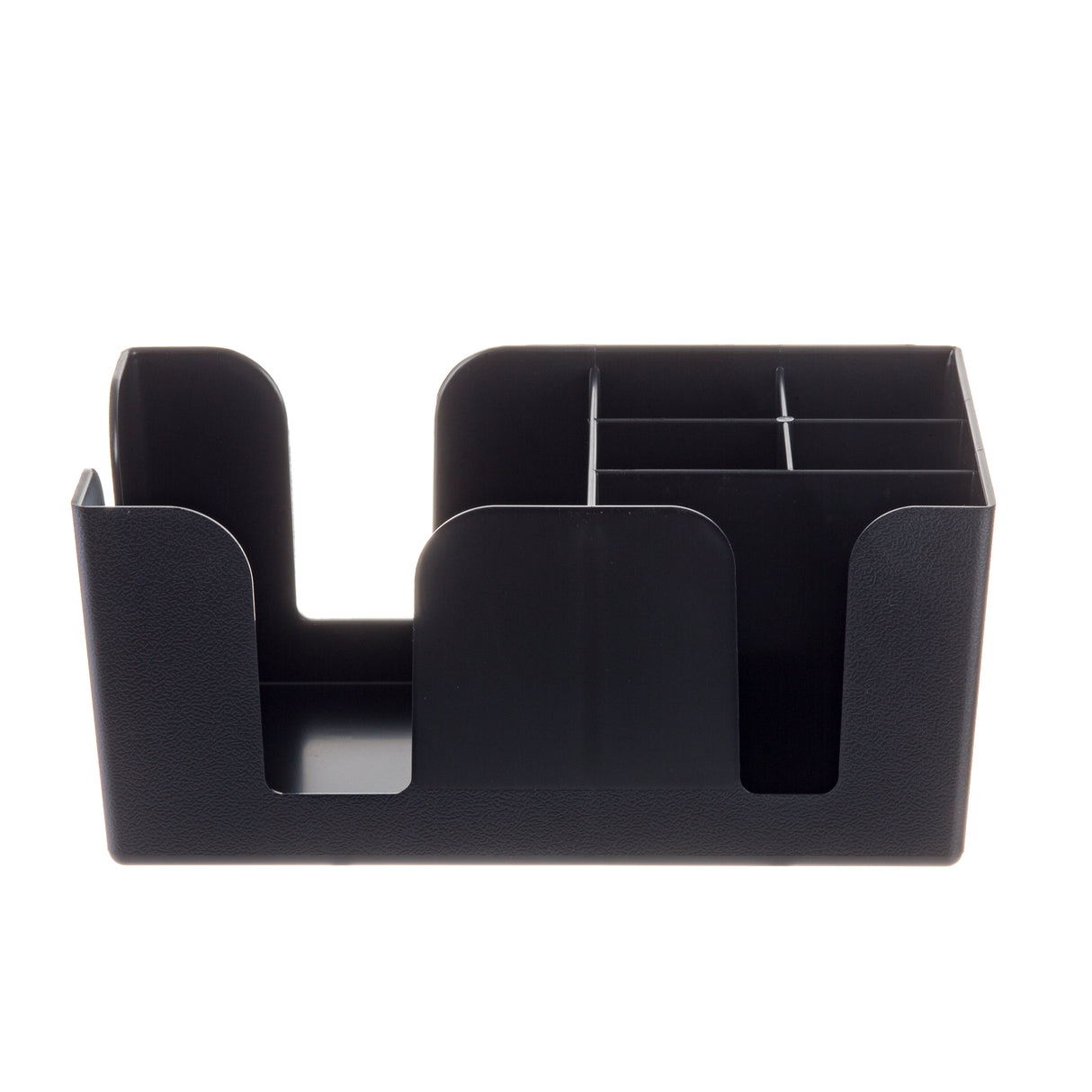 A black desk organizer made of durable ABS plastic with multiple compartments of varying sizes. Similar to a Bar Caddy, it features open side slots and partitioned back sections for sorting pens or notes. The textured finish stands out against the plain white background.