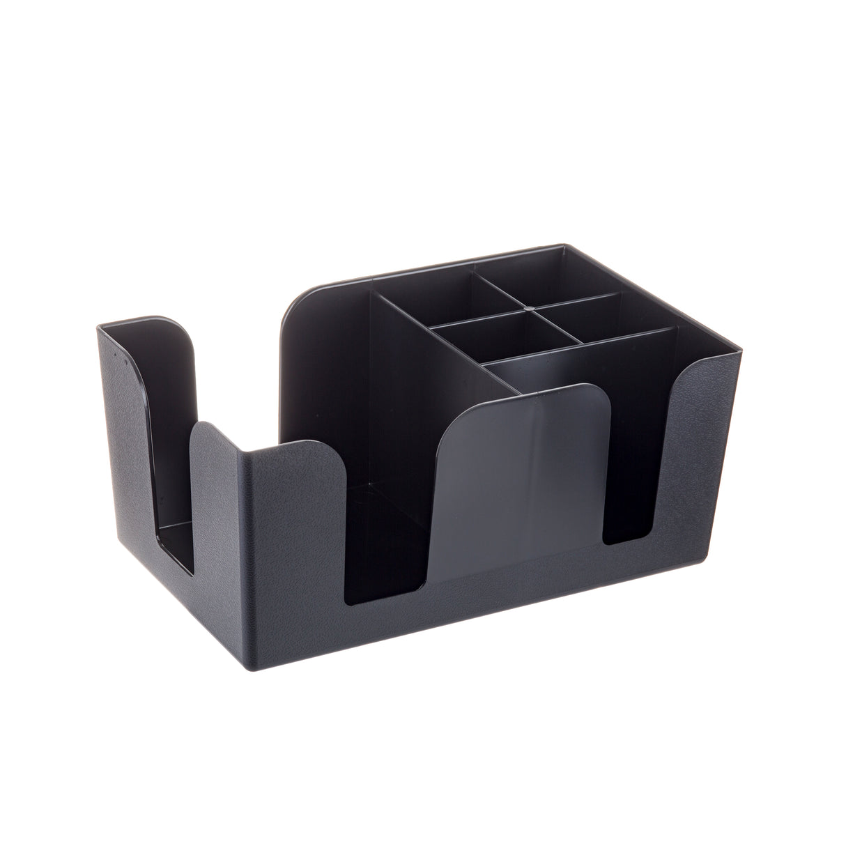 A black ABS plastic desk organizer with multiple compartments of varying sizes, ideal for holding pens, notepads, or envelopes, photographed on a white background. This stylish organizer is as durable as a Bar Caddy and easy to clean.