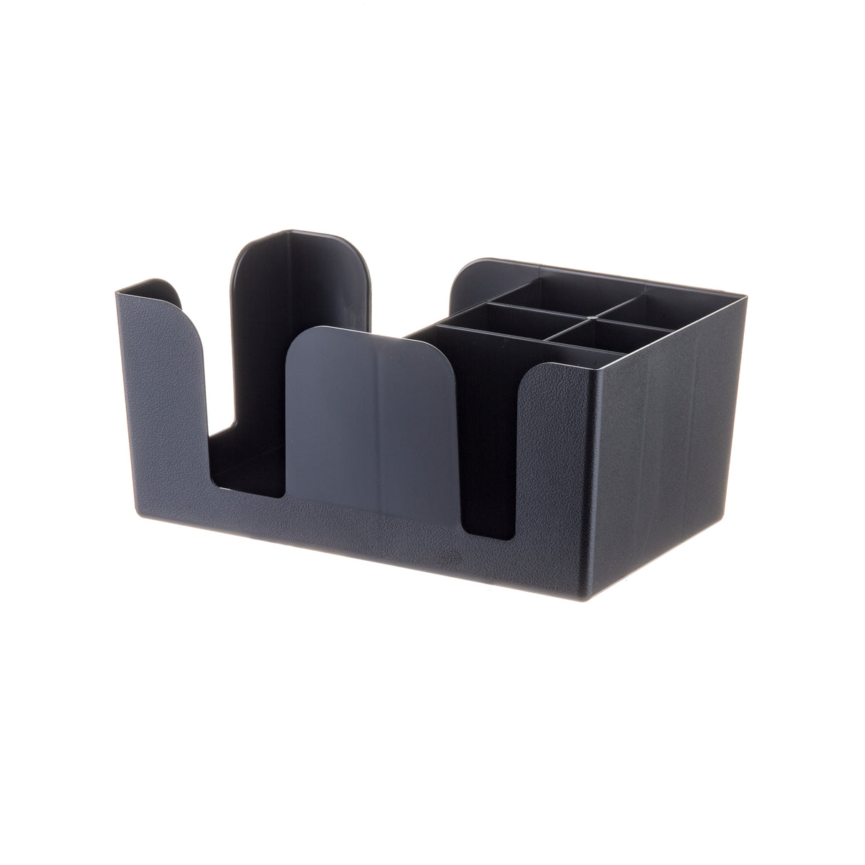 A black ABS plastic desk organizer with multiple compartments, including three vertical slots for papers or folders and six smaller square sections for pens or office supplies, is shown on a white background.