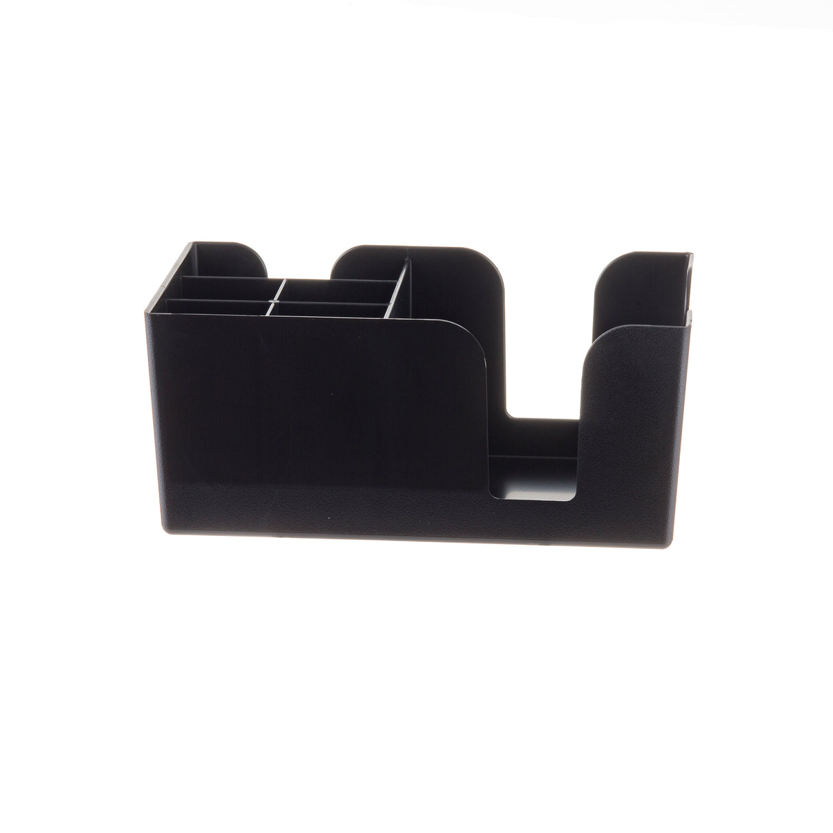 A black ABS plastic desk organizer with multiple compartments, including three small square sections on the left and two larger ones on the right, sits against a plain white background. Durable and dishwasher safe for easy cleaning.