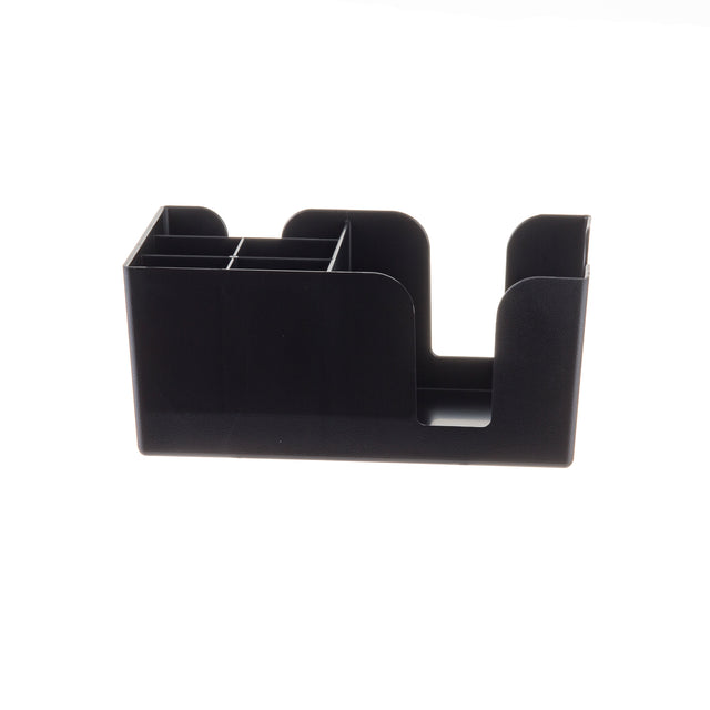 A black ABS plastic desk organizer with multiple compartments, including three small square sections on the left and two larger ones on the right, sits against a plain white background. Durable and dishwasher safe for easy cleaning.