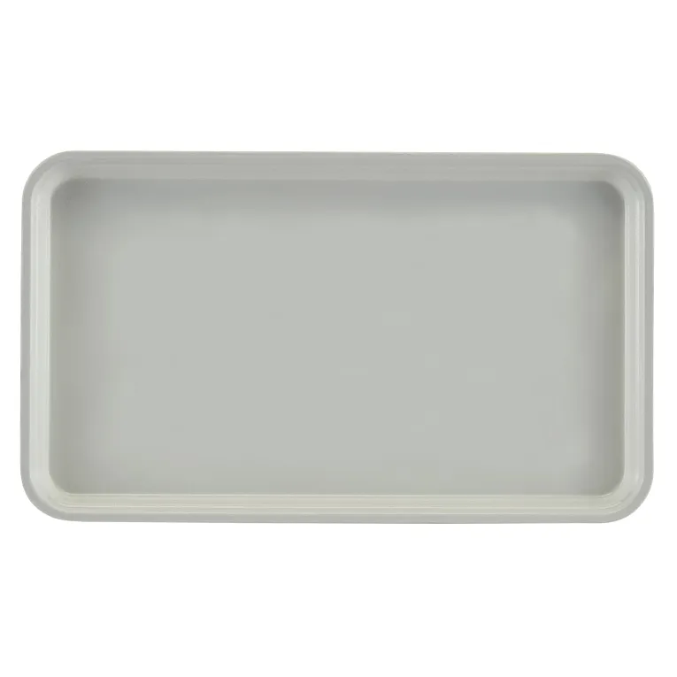 A plain, rectangular, light gray Camtray with rounded corners and slightly raised edges is centered against a white background. The smooth, unadorned surface suggests it is a high-impact fiberglass tray, likely both durable and dishwasher safe.