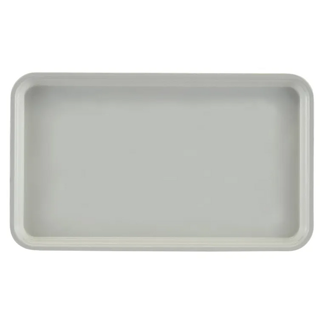 A plain, rectangular, light gray Camtray with rounded corners and slightly raised edges is centered against a white background. The smooth, unadorned surface suggests it is a high-impact fiberglass tray, likely both durable and dishwasher safe.