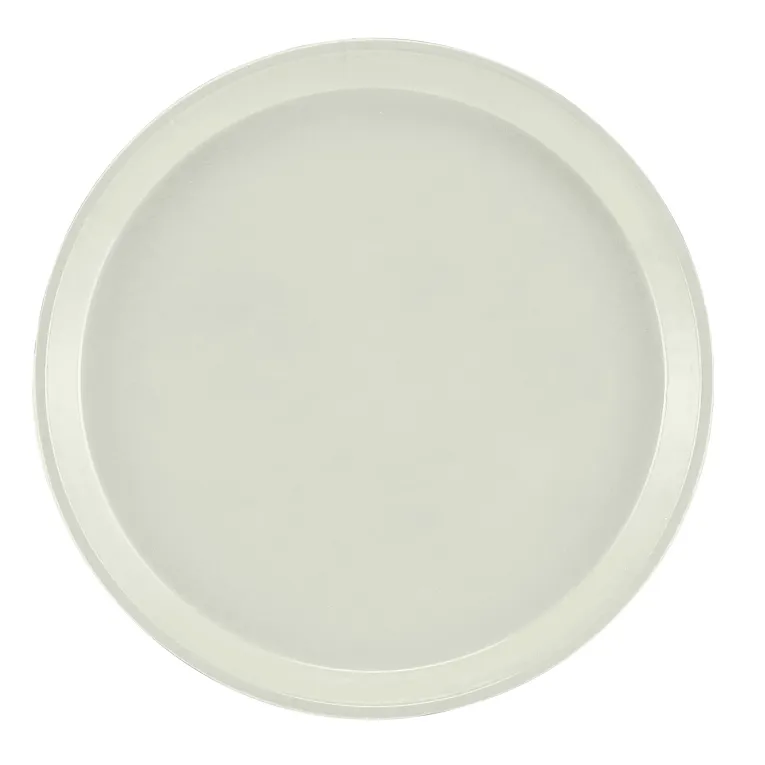 A plain, round, white plate with a smooth surface and a slightly raised rim sits centered on a white background, its simple design reminiscent of an NSF-approved Serving Camtray.