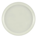 A plain, round, white plate with a smooth surface and a slightly raised rim sits centered on a white background, its simple design reminiscent of an NSF-approved Serving Camtray.