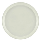 A plain, round, white plate with a smooth surface and a slightly raised rim sits centered on a white background, its simple design reminiscent of an NSF-approved Serving Camtray.