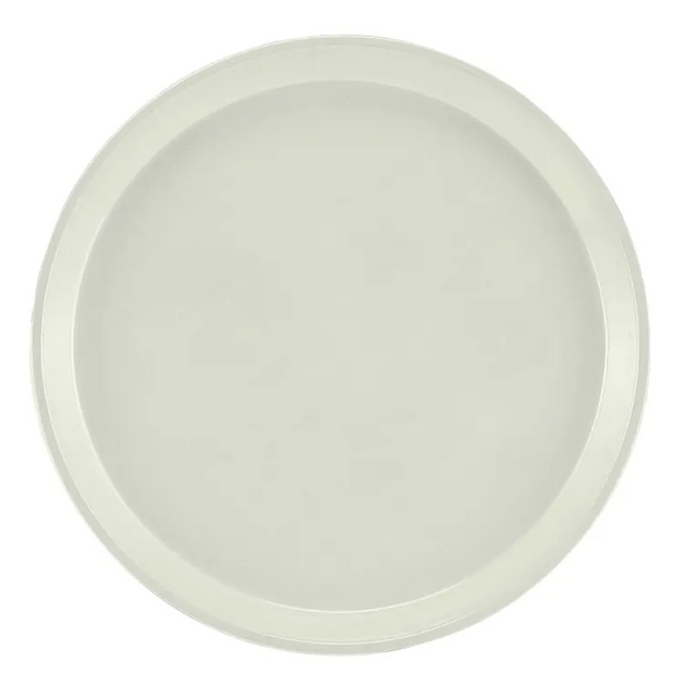 A plain, round, white plate with a smooth surface and a slightly raised rim sits centered on a white background, its simple design reminiscent of an NSF-approved Serving Camtray.