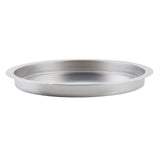 A round, shallow TableCraft stainless steel plate with a wide, slightly raised rim and smooth surface, shown against a plain white background. Simple and unadorned, it’s reflective and suitable as a serving dish or replacement pan for cooking.
