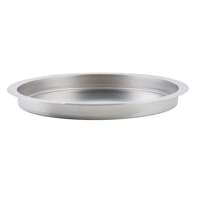 A round, shallow TableCraft stainless steel plate with a wide, slightly raised rim and smooth surface, shown against a plain white background. Simple and unadorned, it’s reflective and suitable as a serving dish or replacement pan for cooking.