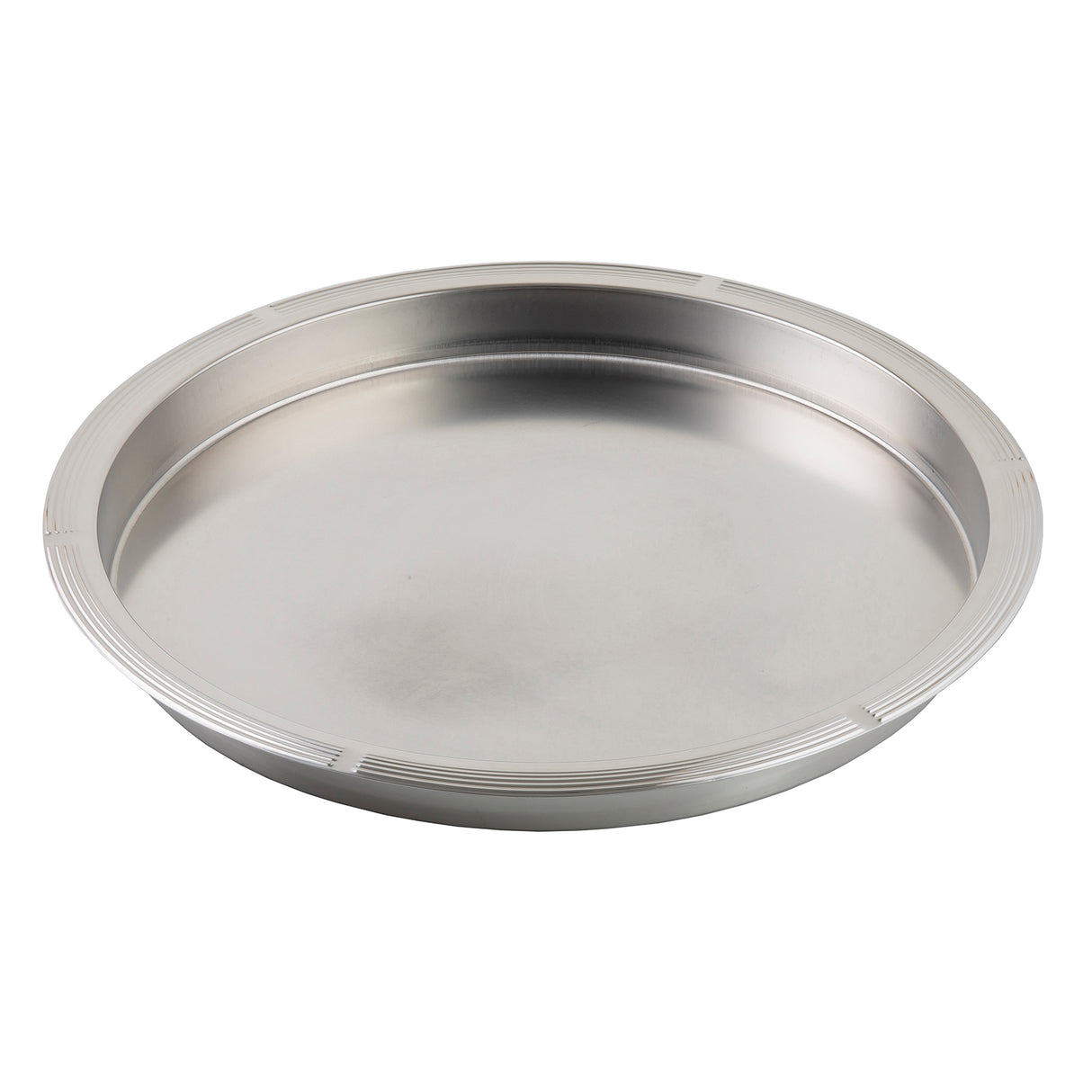 A round, shallow TableCraft stainless steel plate with a slightly raised, smooth rim and a shiny, reflective surface. The plate is empty against a plain white background—ideal as a replacement pan for serving or display.