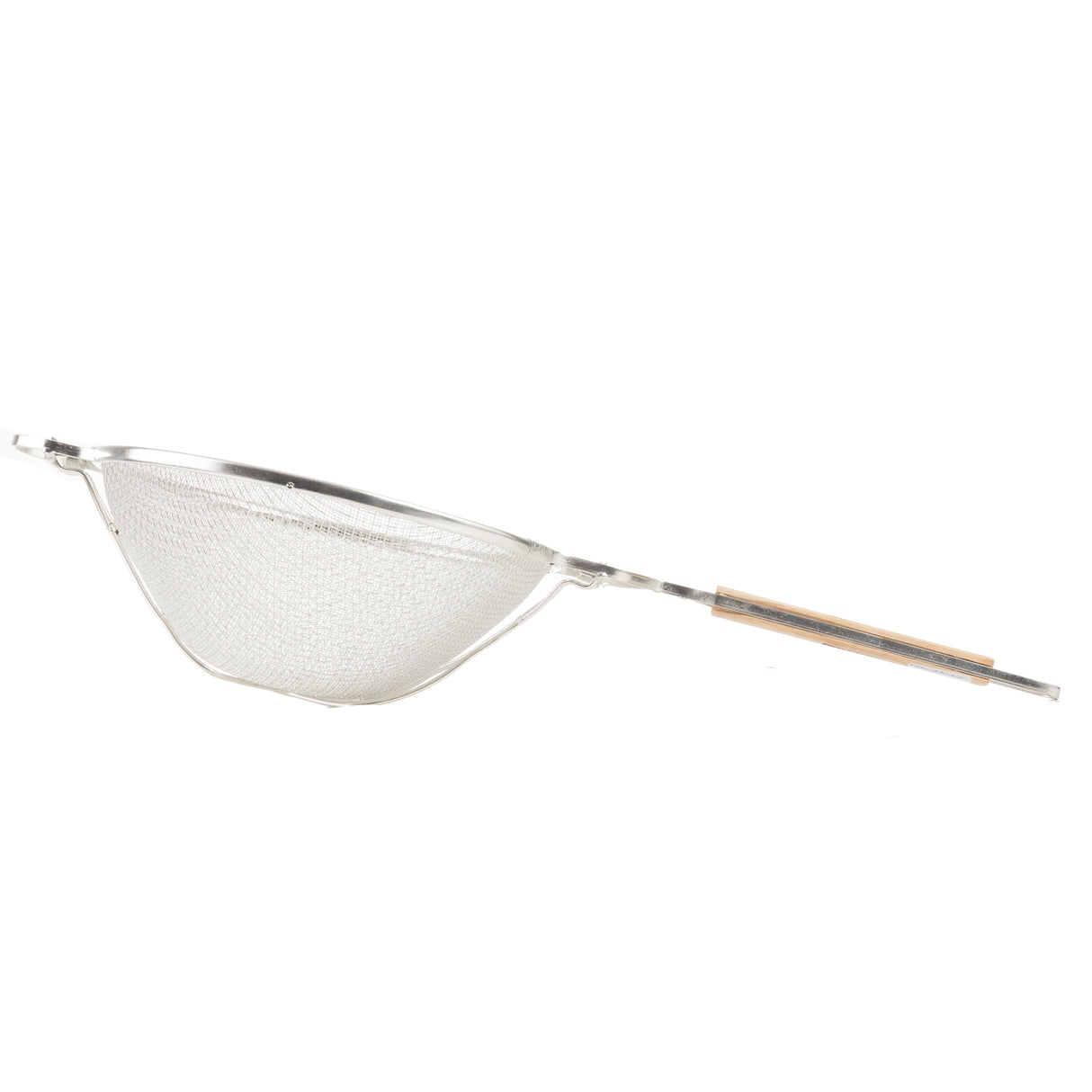 A metal mesh strainer with a double medium mesh wire basket and a long, flat wooden handle. The strainer is photographed against a white background and is designed for sifting or draining foods.