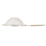 A metal mesh strainer with a domed shape, featuring a double medium mesh bowl and a long flat wooden handle. The strainer rests on its side against a white background.