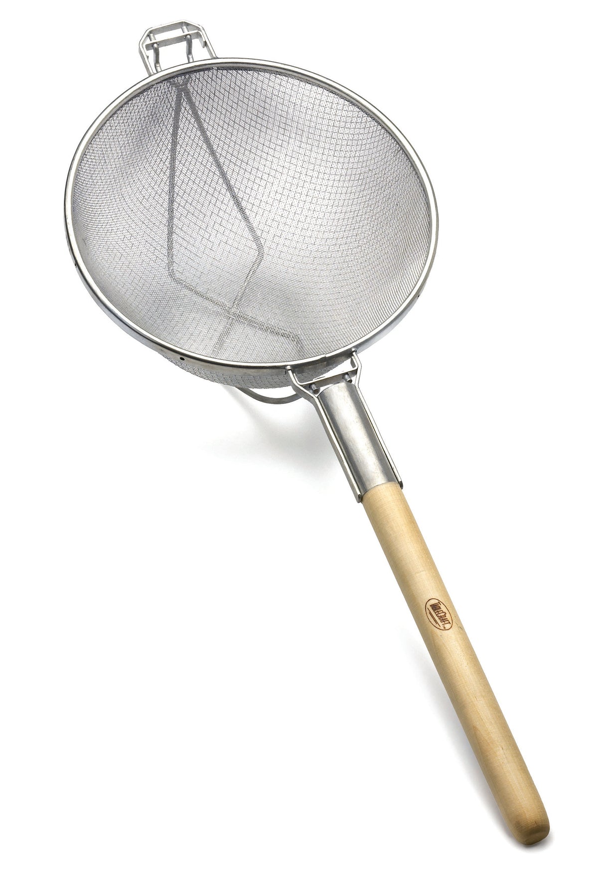 A metal mesh strainer with a round basket and double medium mesh, featuring a sturdy metal rim and a long round wooden handle. The handle has a metal band connecting it to the strainer and a small loop at the end for hanging.