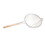 A metal mesh strainer with a round, fine wire basket and a long, round wooden handle is isolated on a white background. The double medium mesh provides excellent filtration, and a small metal support sits opposite the handle.