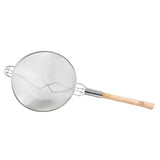A metal strainer with double medium mesh and a fine wire mesh, featuring a round wooden handle for easy grip. A small metal hook on the rim allows it to rest securely on a bowl or pot—ideal for sifting or draining.