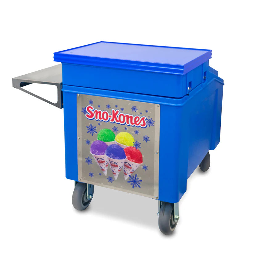 A bright blue mobile ice chest cart with large wheels and a metal panel featuring four colorful sno-cones labeled “Sno-Kones.” Snowflake decorations surround the sno-cones, and a flat handle and rectangular lid top this insulated ice merchandiser.