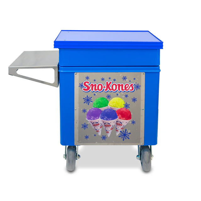 A blue wheeled Sno-Kones cart with a metal handle and a sign showing colorful snow cones on the front. This mobile ice chest features a flat top, two large gray wheels, and keeps treats cool against the white background.