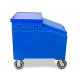 A large blue insulated ice merchandiser with a sloped lid and four gray caster wheels, viewed from the side against a white background. The lid has two sections, one flat and one angled. The body of the cart is rectangular.