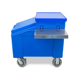 A blue, wheeled plastic cart with a slanted lid and a flat, rectangular metal shelf attached to one side. This insulated ice merchandiser sits on four gray caster wheels, ideal for mobile storage or transport against a white background.