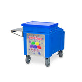 A blue Sno-Kones cart with a flat top lid, four gray caster wheels, and a metal handle. This mobile ice chest features a colorful Sno-Kones sign with images of snow cones in red, yellow, green, purple, and blue on a white background.
