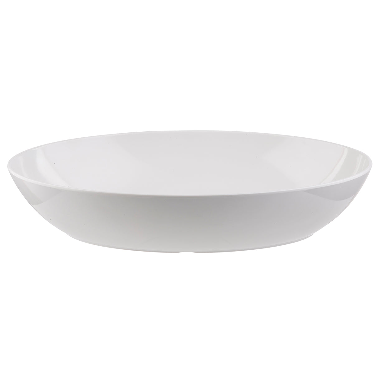 A plain, round, white melamine bowl with smooth edges and a shallow depth, photographed against a white background. The bowl is empty and features a simple, minimalist design that's both versatile and dishwasher safe.