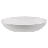 A plain, round, white melamine bowl with smooth edges and a shallow depth, photographed against a white background. The bowl is empty and features a simple, minimalist design that's both versatile and dishwasher safe.