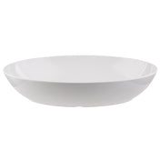 A plain, round, white melamine bowl with smooth edges and a shallow depth, photographed against a white background. The bowl is empty and features a simple, minimalist design that's both versatile and dishwasher safe.