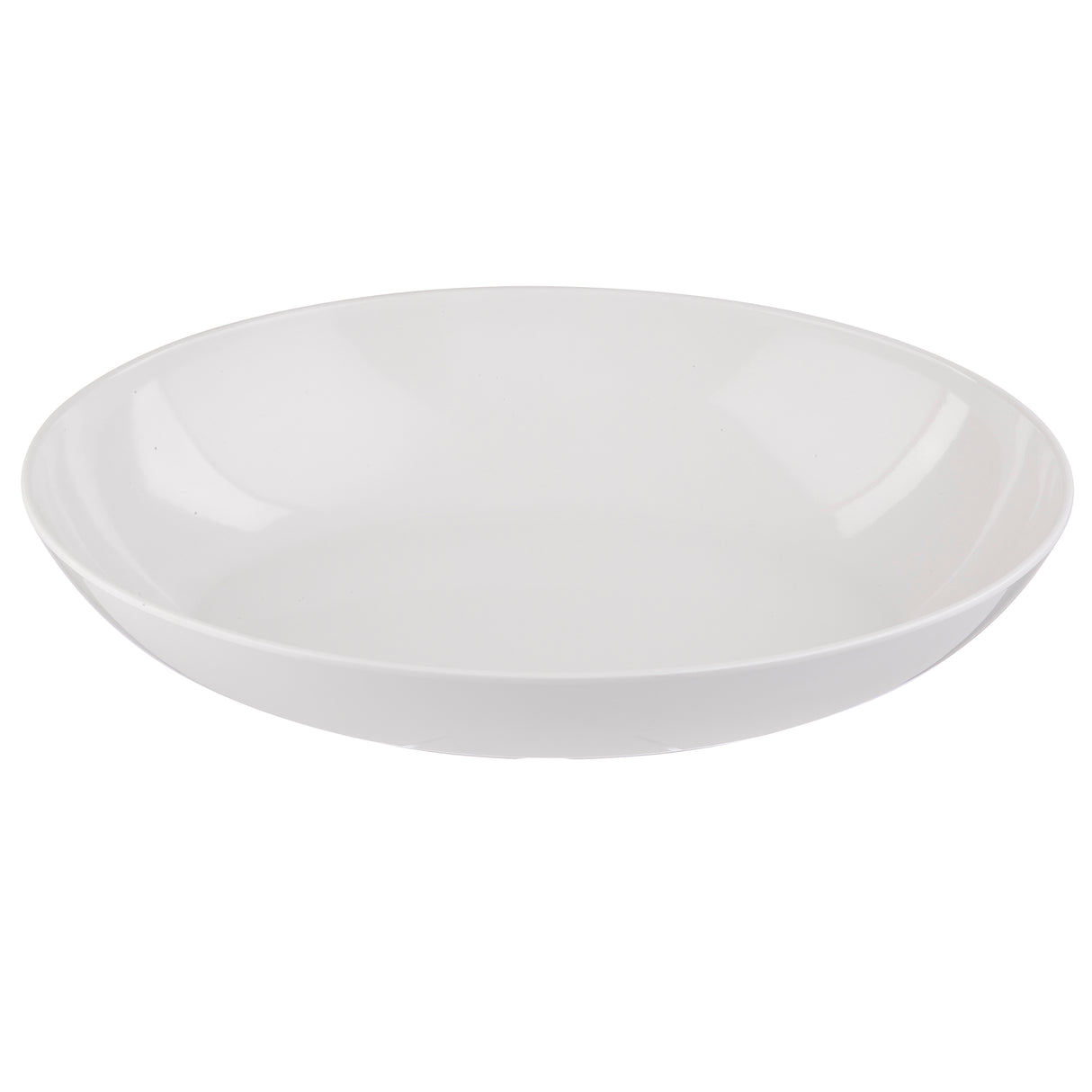 A plain, shallow Sierra Melamine Bowl with a smooth, glossy finish is viewed from a slight angle against a white background. The bowl is empty, showcasing its simple, minimalist design and is dishwasher safe for easy cleaning.