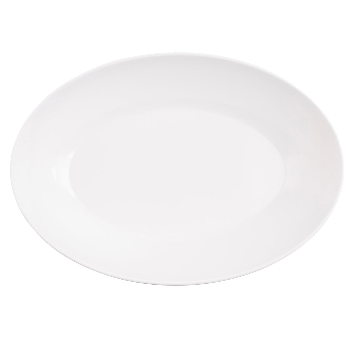 A plain, round, white plate from the Sierra Melamine Collection is seen from above on a white background. The plate has smooth edges and a shallow center, with no patterns or embellishments. Its glossy finish is highlighted by even lighting.