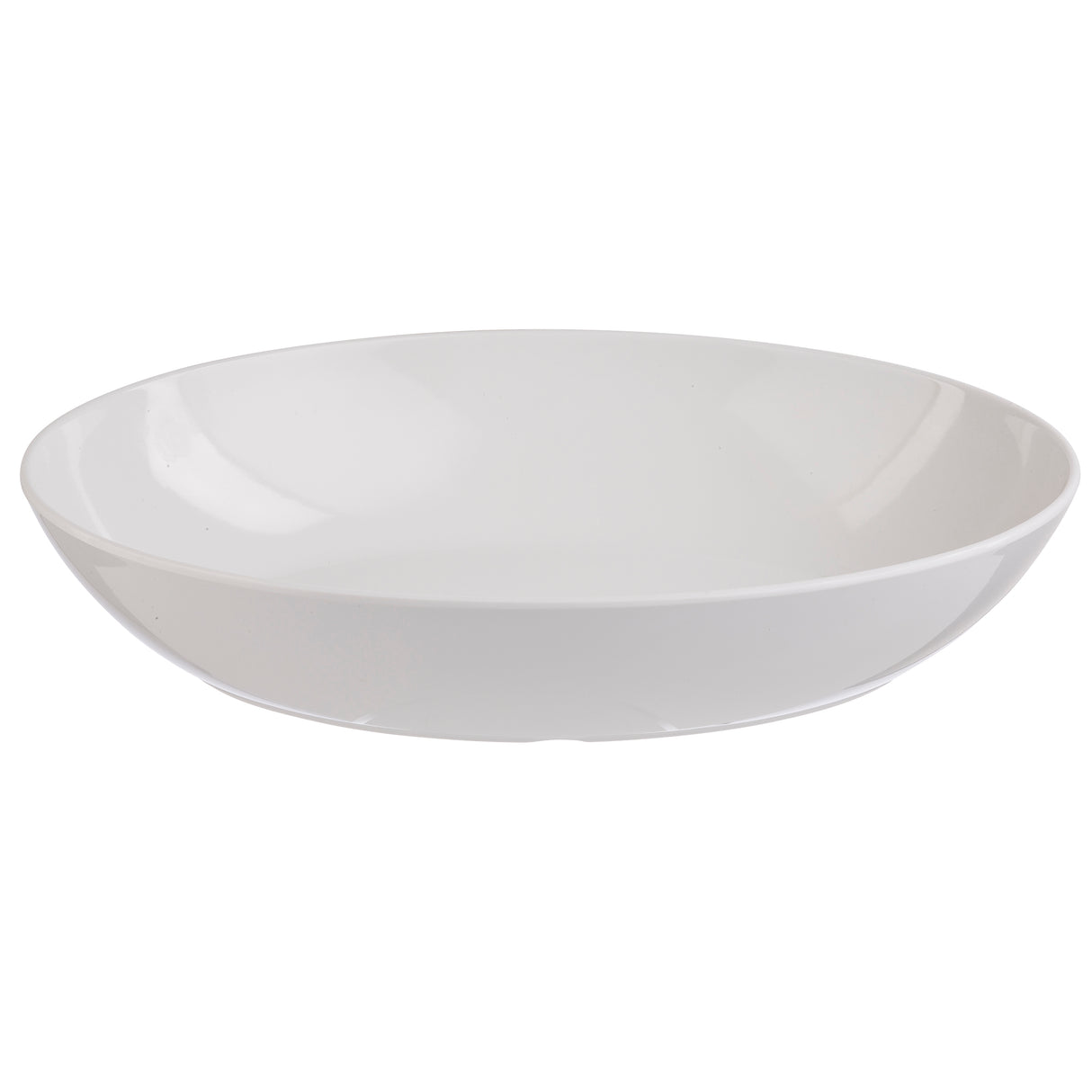 A plain, white, shallow melamine bowl from the Sierra Melamine Collection is shown against a white background. With smooth, glossy surfaces and slightly curved sides, it offers a minimalist, modern look and is dishwasher safe for easy cleaning.