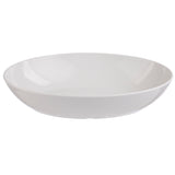 A plain, white, shallow melamine bowl from the Sierra Melamine Collection is shown against a white background. With smooth, glossy surfaces and slightly curved sides, it offers a minimalist, modern look and is dishwasher safe for easy cleaning.