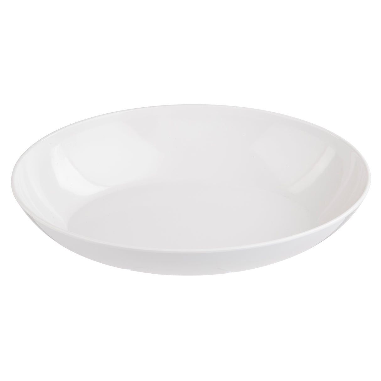 A plain, white, round ceramic bowl with smooth edges. Reminiscent of the Sierra Melamine Collection, this bowl is photographed against a white background, emphasizing its clean and minimalist appearance and wide, shallow shape.