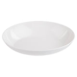 A plain, white, round ceramic bowl with smooth edges. Reminiscent of the Sierra Melamine Collection, this bowl is photographed against a white background, emphasizing its clean and minimalist appearance and wide, shallow shape.
