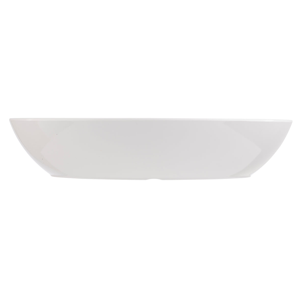 A plain, white, shallow melamine bowl from the Sierra Melamine Collection is shown from the side against a white background. The bowl has a smooth, glossy surface and gently curved sides, and is conveniently dishwasher safe.