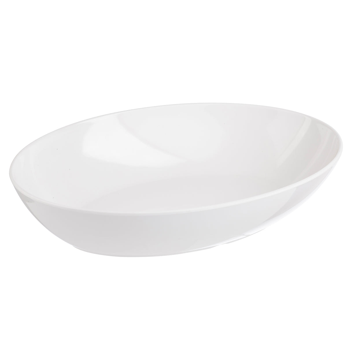 A plain, glossy white, oval-shaped Sierra Melamine Bowl is pictured against a white background. The large melamine bowl features smooth, slightly angled sides and a minimalist design with no patterns or decorations.