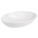 A plain, glossy white, oval-shaped Sierra Melamine Bowl is pictured against a white background. The large melamine bowl features smooth, slightly angled sides and a minimalist design with no patterns or decorations.