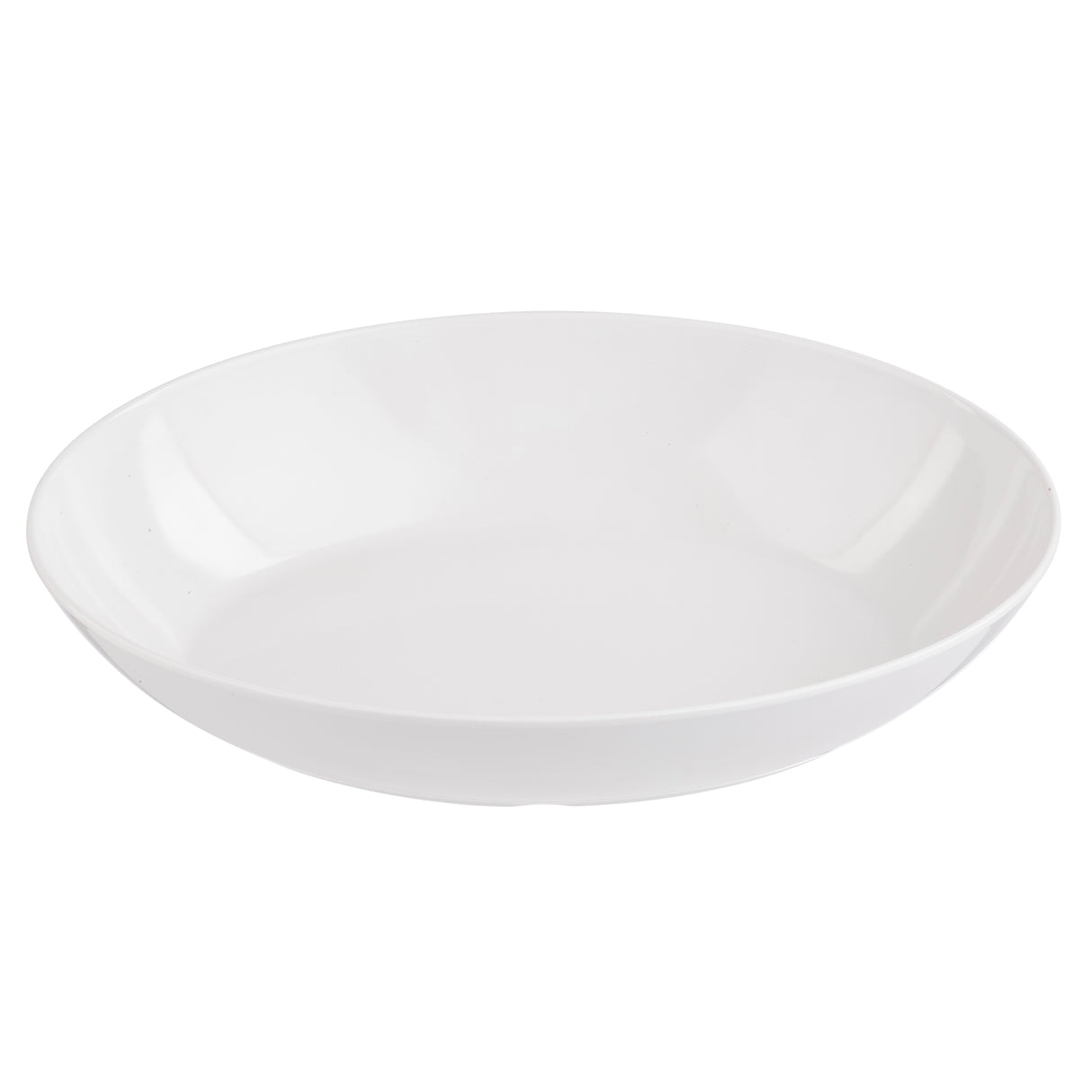 A plain, round, white Sierra Melamine Bowl with smooth edges is centered on a white background. This large melamine bowl is empty and clean, featuring a glossy finish that reflects some light and is dishwasher safe.