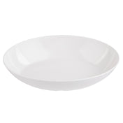 A plain, round, white Sierra Melamine Bowl with smooth edges is centered on a white background. This large melamine bowl is empty and clean, featuring a glossy finish that reflects some light and is dishwasher safe.