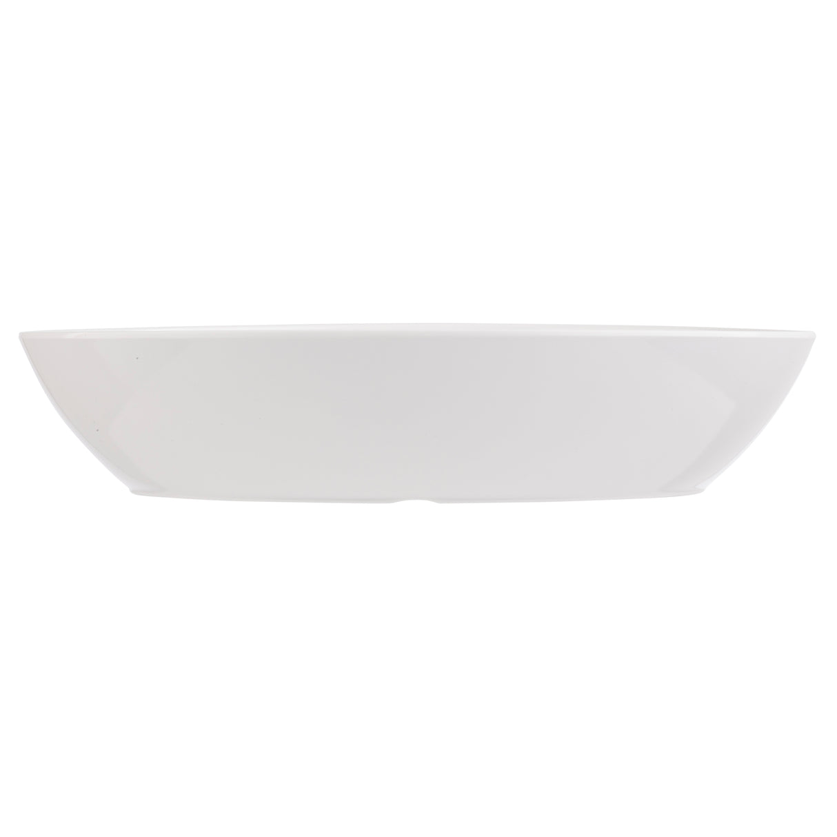 A plain, empty, white large melamine bowl is photographed from the side against a white background. The bowl has a shallow, wide shape with smooth, clean lines and no patterns—ideal as a dishwasher safe bowl for everyday use.