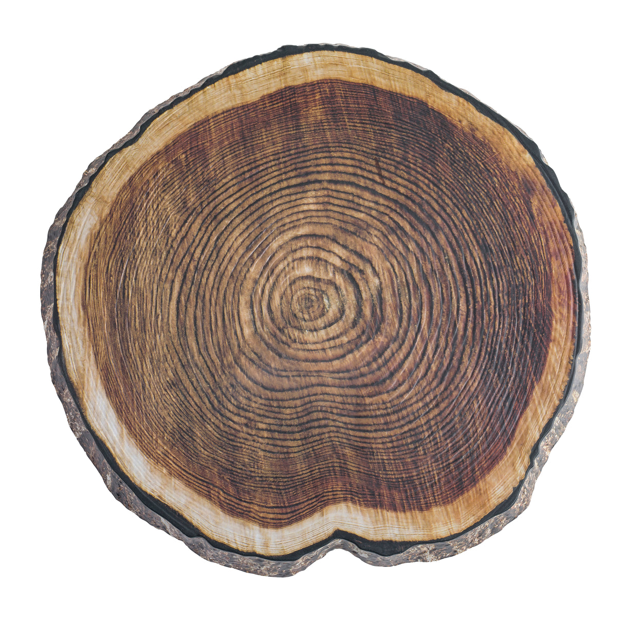 A cross-section of a tree trunk displays concentric growth rings and rough bark around the edge, making it an ideal inspiration for a TableCraft platter. Its natural colors and patterns bring rustic charm to any presentation.