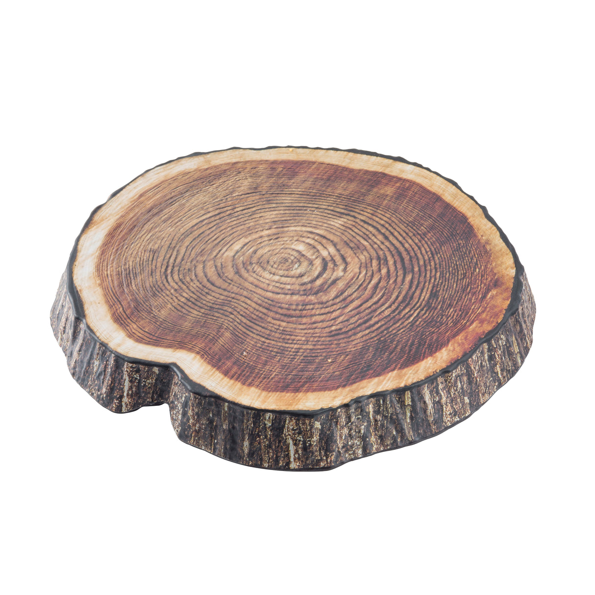 A realistic wooden tree slice platter with visible growth rings and textured bark, shown against a white background. The image highlights the natural wood grain and uneven circular shape, perfect for TableCraft displays or melamine serveware inspiration.