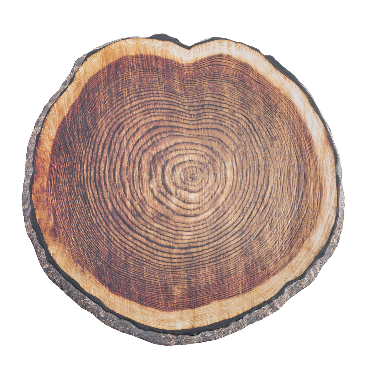 A round melamine platter resembling a tree trunk cross-section, with dark brown concentric rings and rough bark edging. The realistic wood grain radiates outward, showcasing the tree's growth rings. Background is white. Perfect for TableCraft displays.