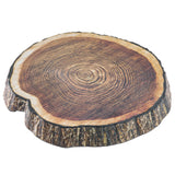 A round, realistic melamine tree stump platter with visible growth rings and textured bark edges, resembling a cross-section of a tree trunk. The smooth surface features brown tones while the outer bark is rough and dark for a natural wooden appearance.