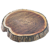 A round, realistic melamine tree stump platter with visible growth rings and textured bark edges, resembling a cross-section of a tree trunk. The smooth surface features brown tones while the outer bark is rough and dark for a natural wooden appearance.